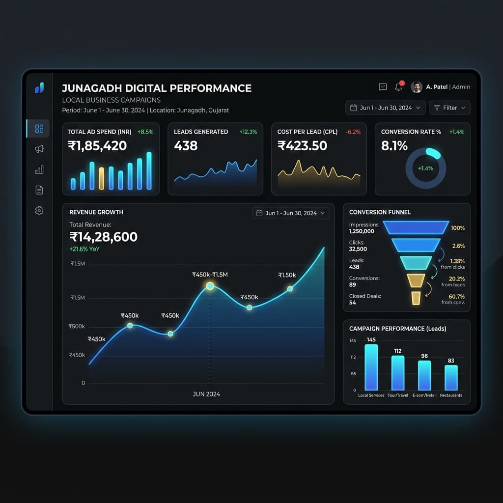 Performance Marketing Company in Junagadh - Campaign Analytics Dashboard showing Ad Spend, Leads, CPL, and Revenue